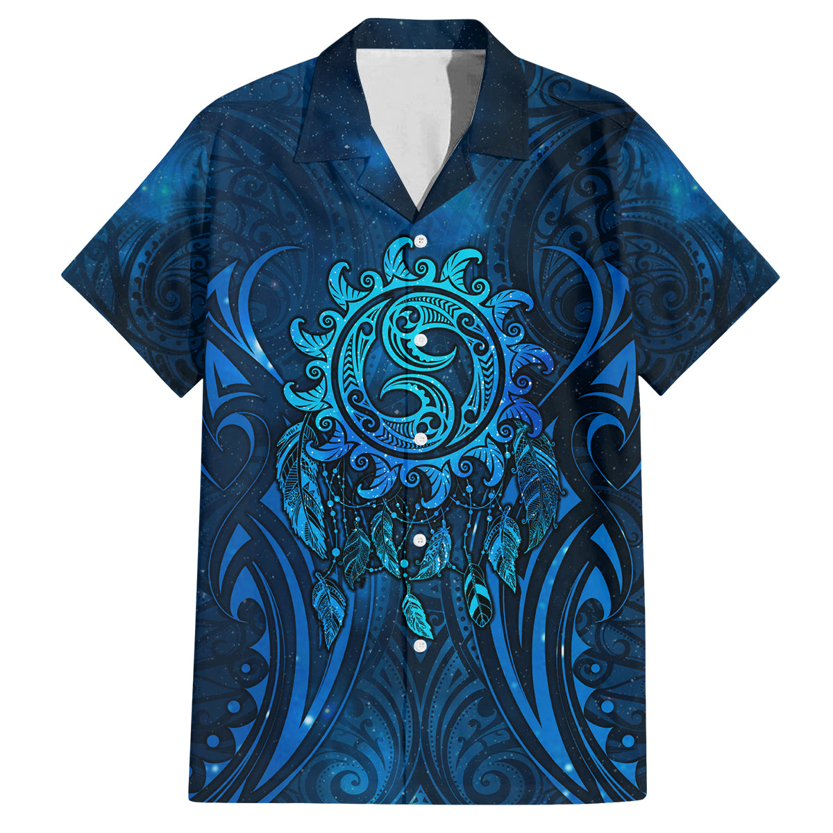 New Zealand Dream Catcher Family Matching Off The Shoulder Long Sleeve Dress and Hawaiian Shirt Maori Koru Pattern Blue Version