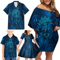 New Zealand Dream Catcher Family Matching Off Shoulder Short Dress and Hawaiian Shirt Maori Koru Pattern Blue Version LT05 - Polynesian Pride