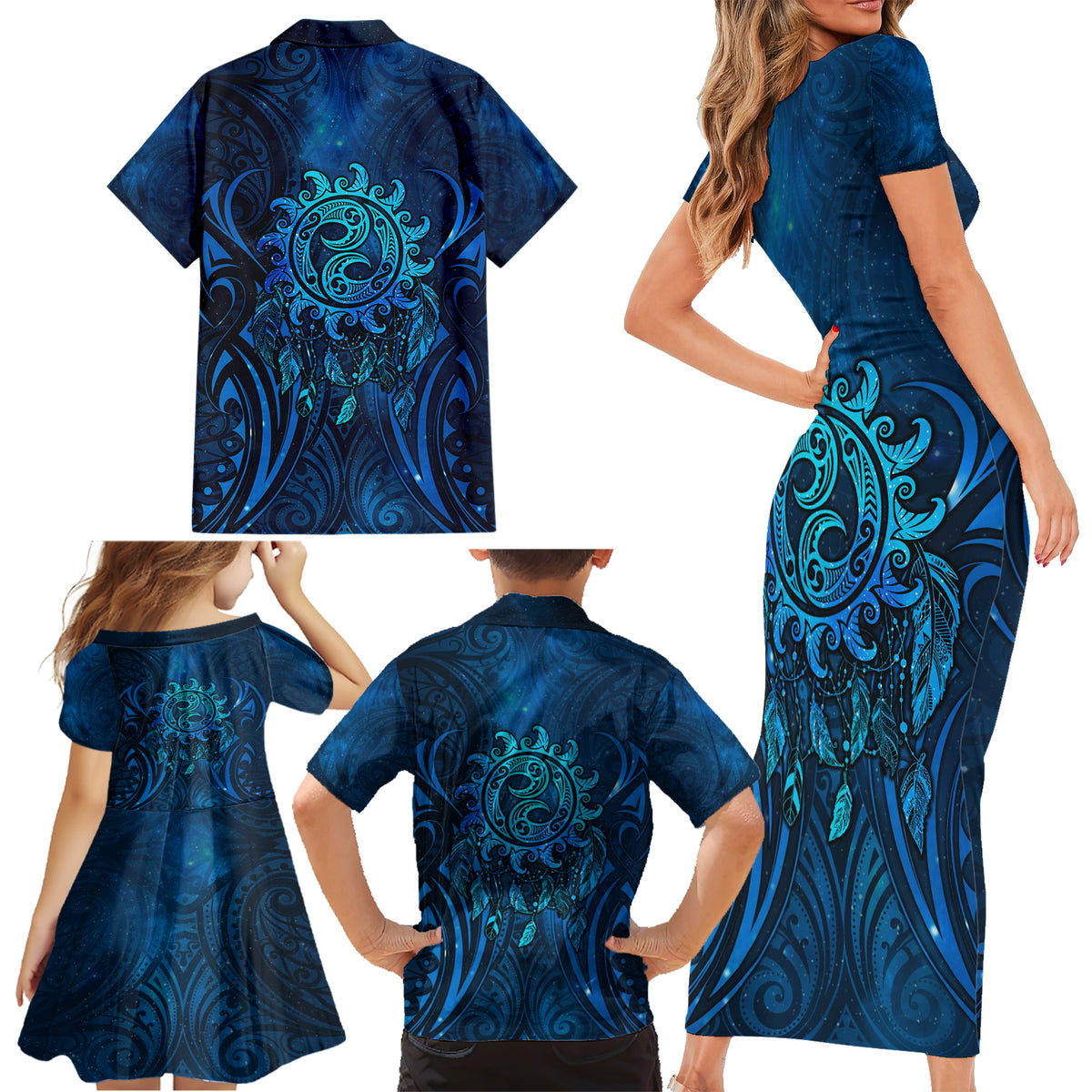New Zealand Dream Catcher Family Matching Short Sleeve Bodycon Dress and Hawaiian Shirt Maori Koru Pattern Blue Version LT05 - Polynesian Pride