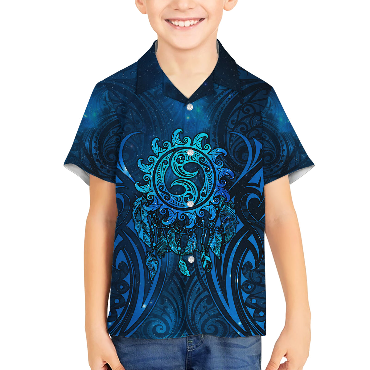 New Zealand Dream Catcher Family Matching Short Sleeve Bodycon Dress and Hawaiian Shirt Maori Koru Pattern Blue Version LT05 Son's Shirt Blue - Polynesian Pride