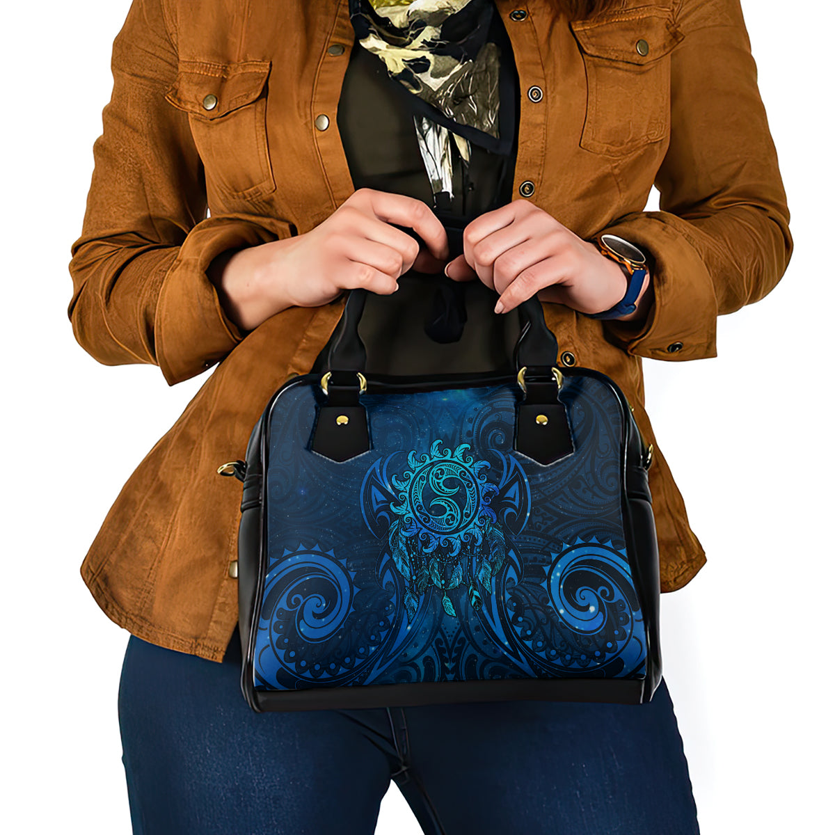 New Zealand Dream Catcher Shoulder Handbag Maori Koru Pattern Blue Version