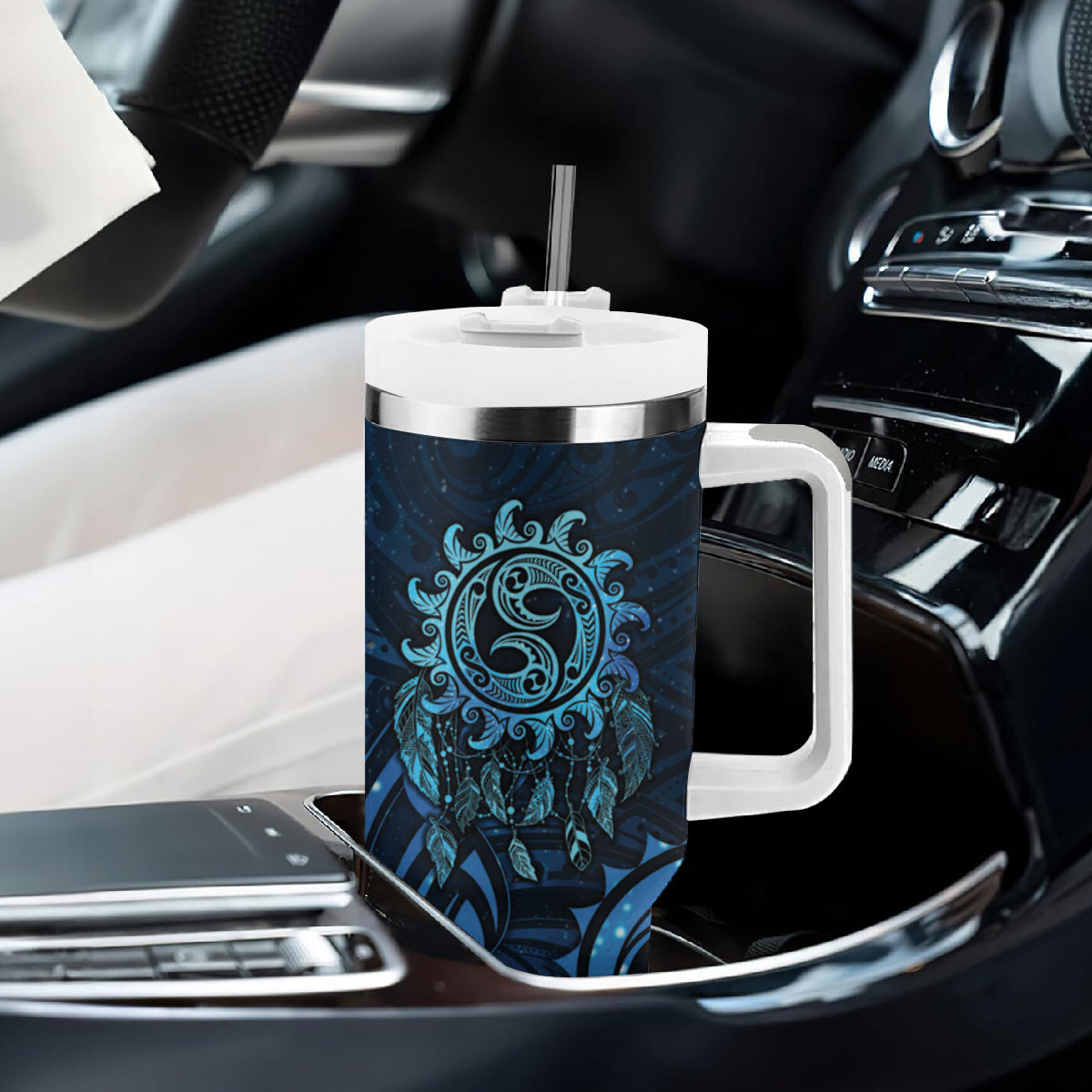 New Zealand Dream Catcher Tumbler With Handle Maori Koru Pattern Blue Version
