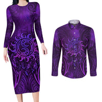 New Zealand Dream Catcher Couples Matching Long Sleeve Bodycon Dress and Long Sleeve Button Shirt Maori Koru Pattern Purple Version