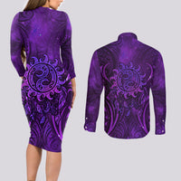 New Zealand Dream Catcher Couples Matching Long Sleeve Bodycon Dress and Long Sleeve Button Shirt Maori Koru Pattern Purple Version