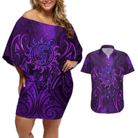 New Zealand Dream Catcher Couples Matching Off Shoulder Short Dress and Hawaiian Shirt Maori Koru Pattern Purple Version