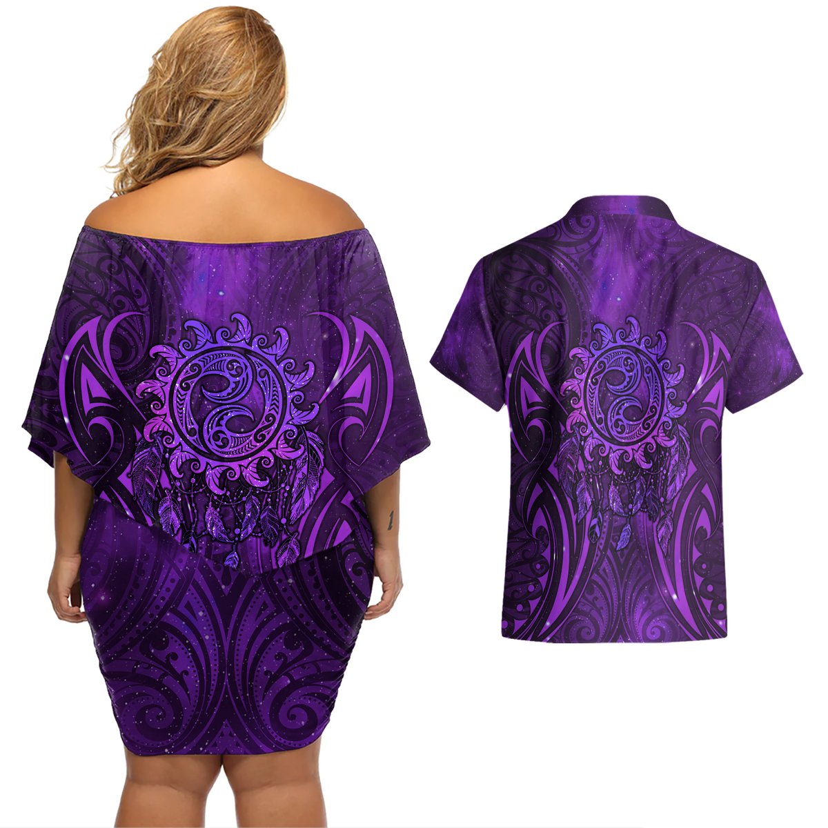 New Zealand Dream Catcher Couples Matching Off Shoulder Short Dress and Hawaiian Shirt Maori Koru Pattern Purple Version