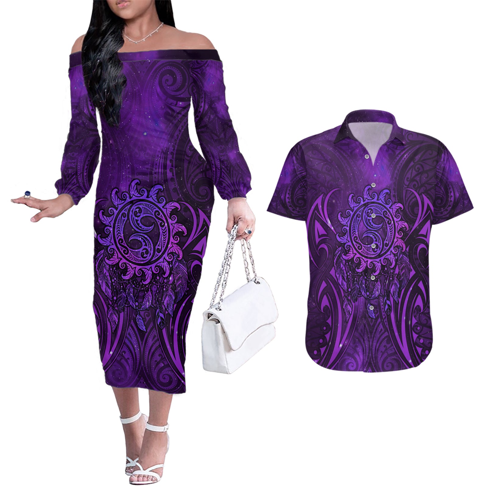 New Zealand Dream Catcher Couples Matching Off The Shoulder Long Sleeve Dress and Hawaiian Shirt Maori Koru Pattern Purple Version