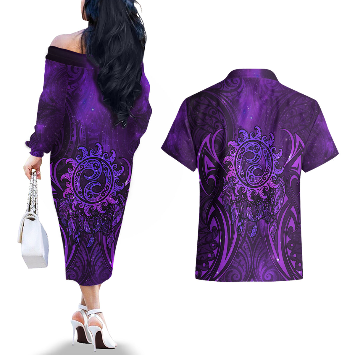 New Zealand Dream Catcher Couples Matching Off The Shoulder Long Sleeve Dress and Hawaiian Shirt Maori Koru Pattern Purple Version