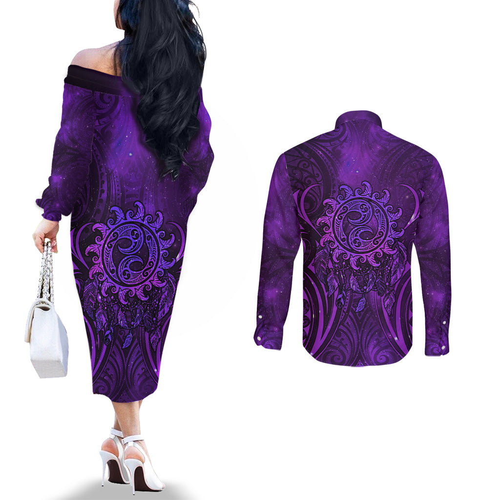 New Zealand Dream Catcher Couples Matching Off The Shoulder Long Sleeve Dress and Long Sleeve Button Shirt Maori Koru Pattern Purple Version