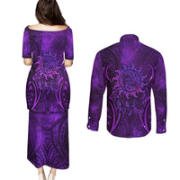 New Zealand Dream Catcher Couples Matching Puletasi and Long Sleeve Button Shirt Maori Koru Pattern Purple Version