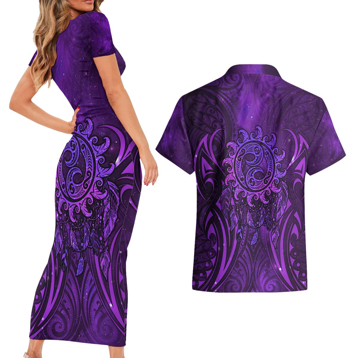 New Zealand Dream Catcher Couples Matching Short Sleeve Bodycon Dress and Hawaiian Shirt Maori Koru Pattern Purple Version LT05 - Polynesian Pride