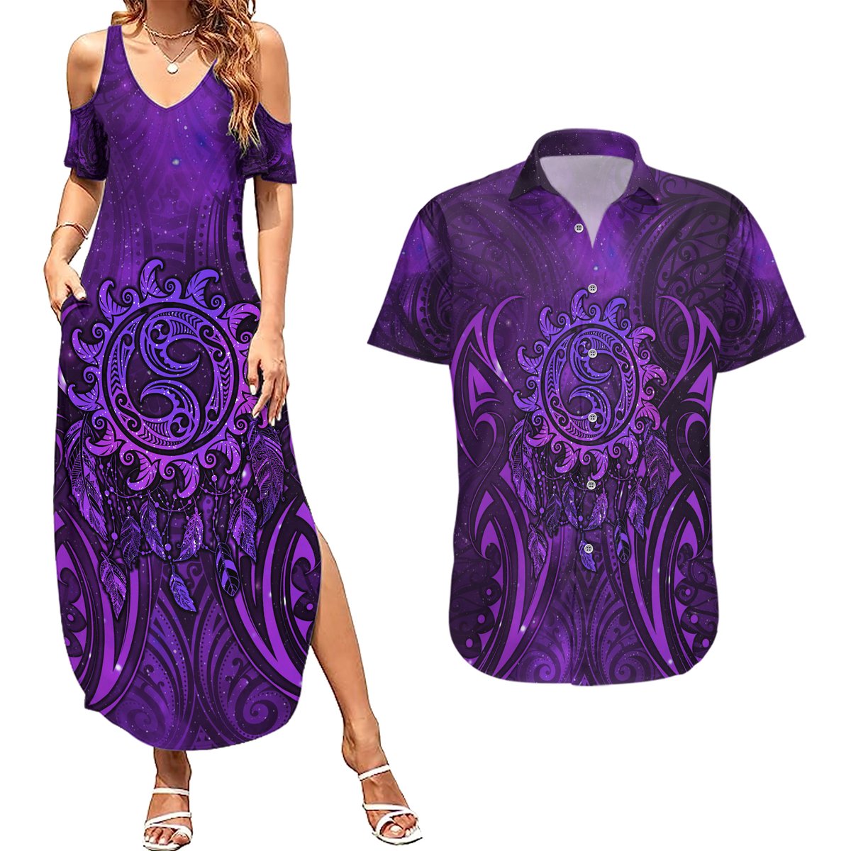 New Zealand Dream Catcher Couples Matching Summer Maxi Dress and Hawaiian Shirt Maori Koru Pattern Purple Version