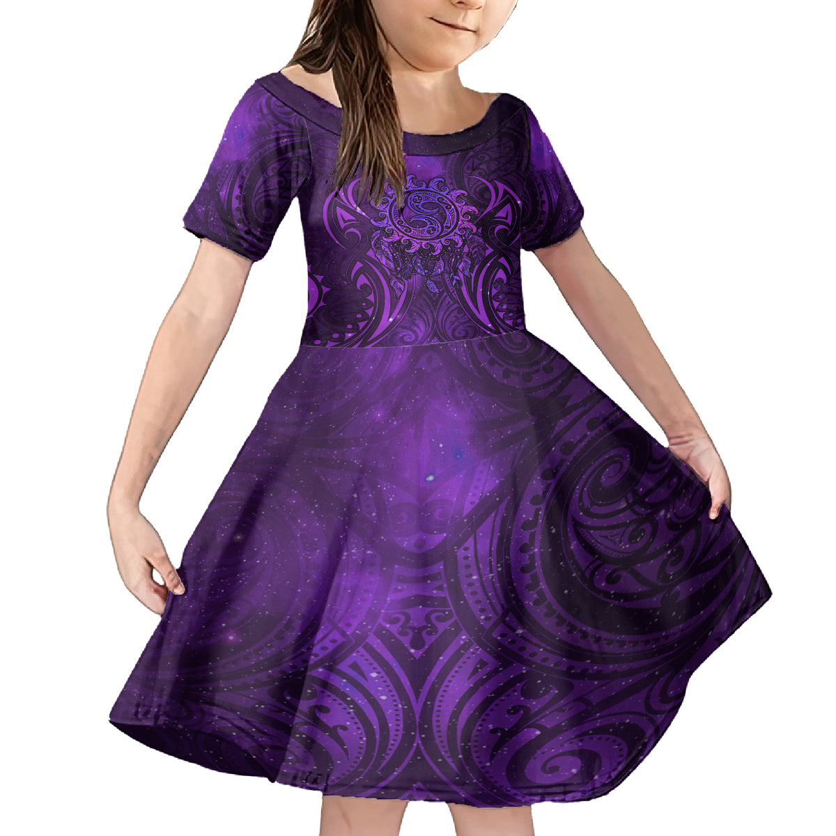New Zealand Dream Catcher Family Matching Long Sleeve Bodycon Dress and Hawaiian Shirt Maori Koru Pattern Purple Version LT05 Daughter's Dress Purple - Polynesian Pride