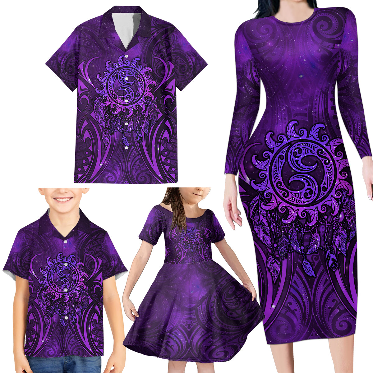 New Zealand Dream Catcher Family Matching Long Sleeve Bodycon Dress and Hawaiian Shirt Maori Koru Pattern Purple Version LT05 - Polynesian Pride