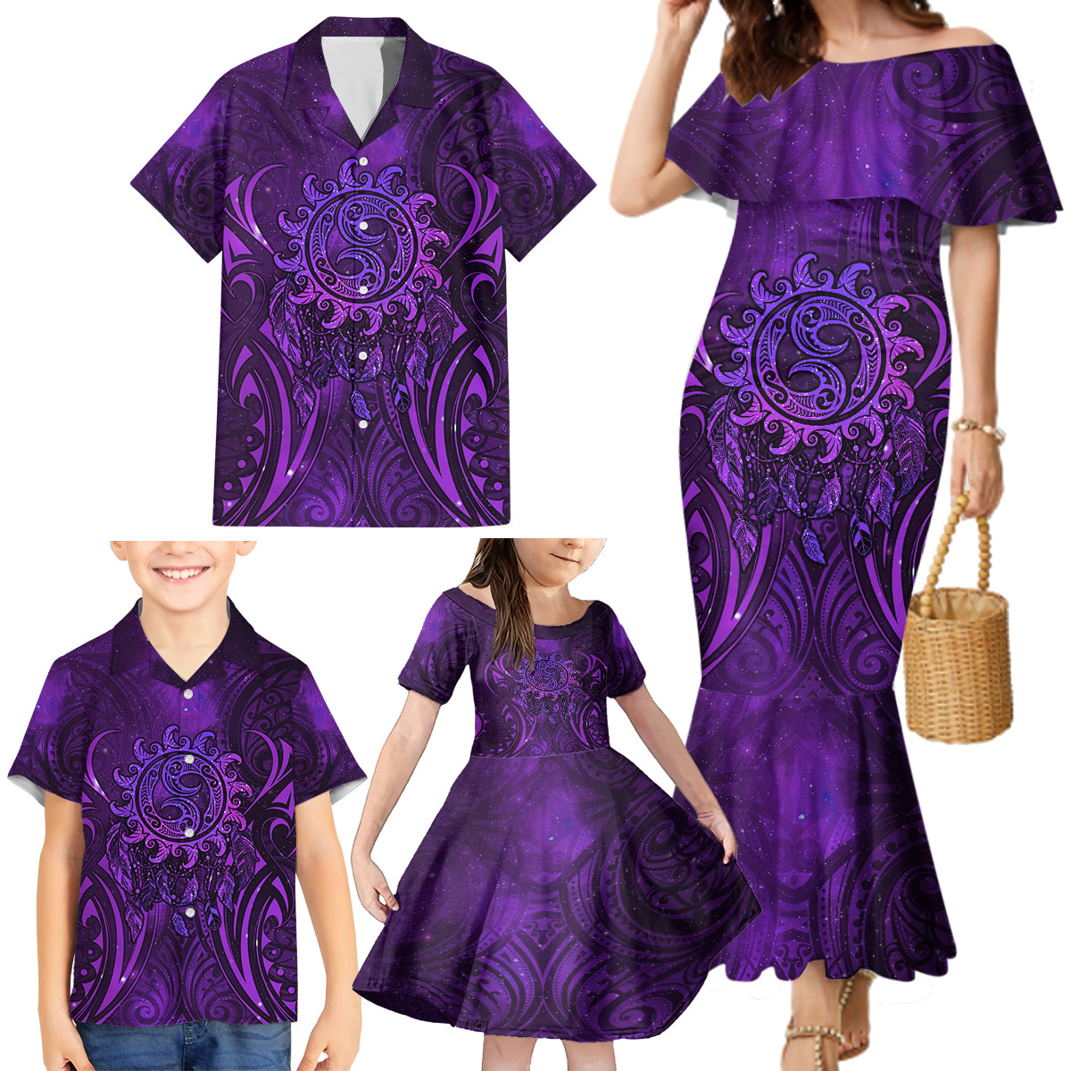 New Zealand Dream Catcher Family Matching Mermaid Dress and Hawaiian Shirt Maori Koru Pattern Purple Version LT05 - Polynesian Pride