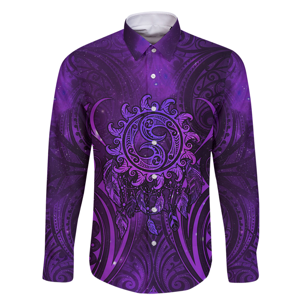 New Zealand Dream Catcher Family Matching Off Shoulder Short Dress and Hawaiian Shirt Maori Koru Pattern Purple Version LT05 Dad's Shirt - Long Sleeve Purple - Polynesian Pride