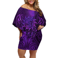 New Zealand Dream Catcher Family Matching Off Shoulder Short Dress and Hawaiian Shirt Maori Koru Pattern Purple Version LT05 Mom's Dress Purple - Polynesian Pride