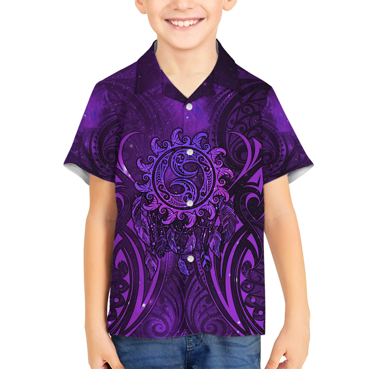 New Zealand Dream Catcher Family Matching Puletasi and Hawaiian Shirt Maori Koru Pattern Purple Version LT05 Son's Shirt Purple - Polynesian Pride