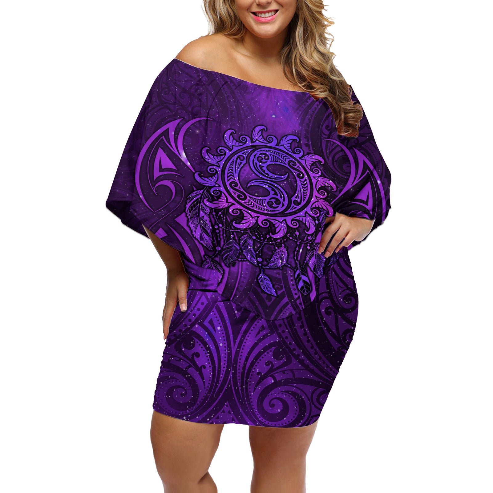 New Zealand Dream Catcher Off Shoulder Short Dress Maori Koru Pattern Purple Version