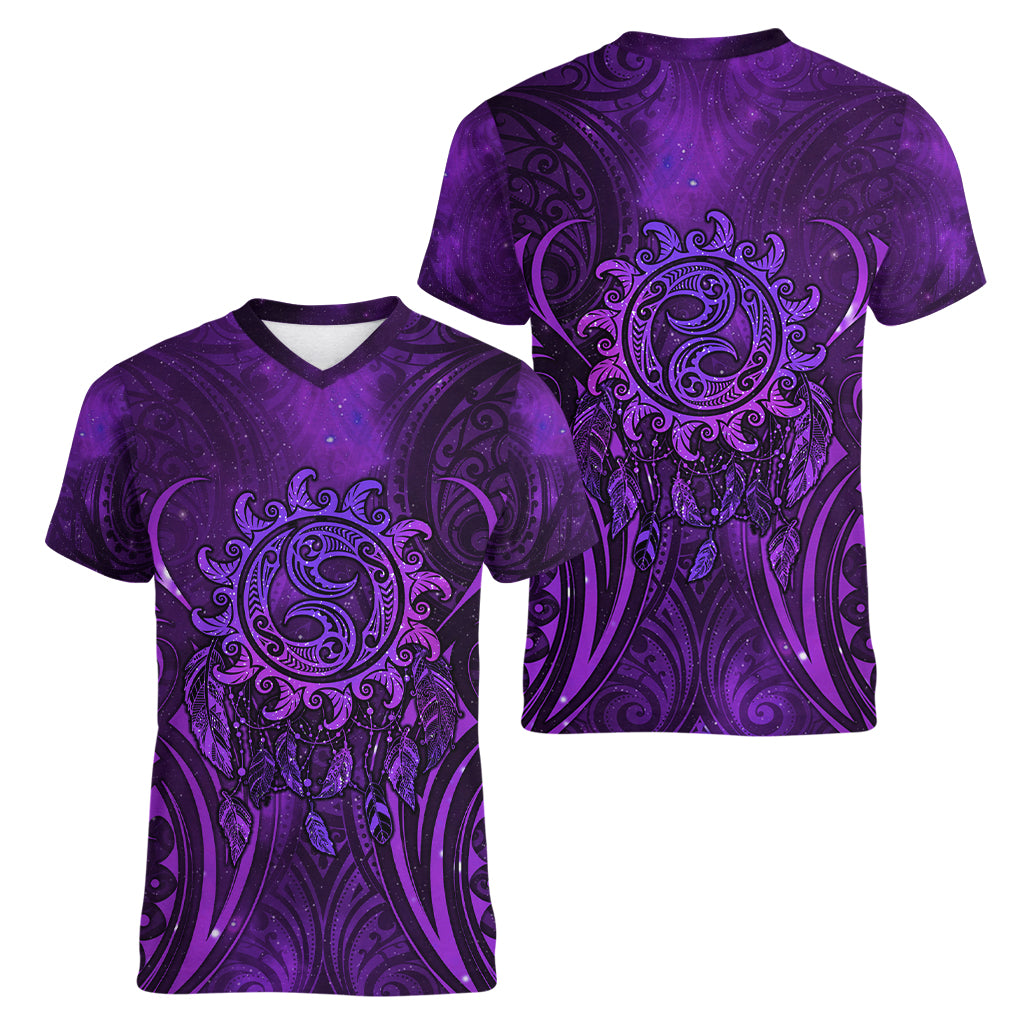 New Zealand Dream Catcher Women V-Neck T-Shirt Maori Koru Pattern Purple Version