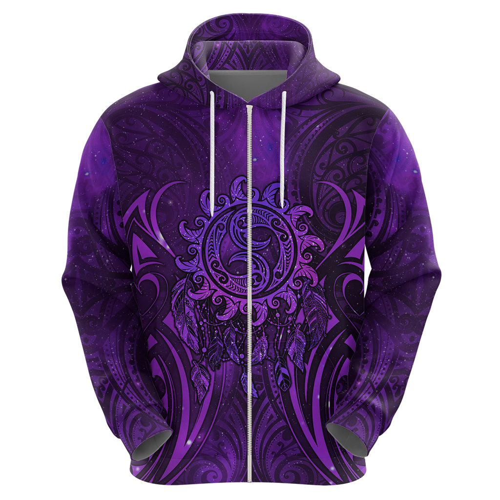 New Zealand Dream Catcher Zip Hoodie Maori Koru Pattern Purple Version
