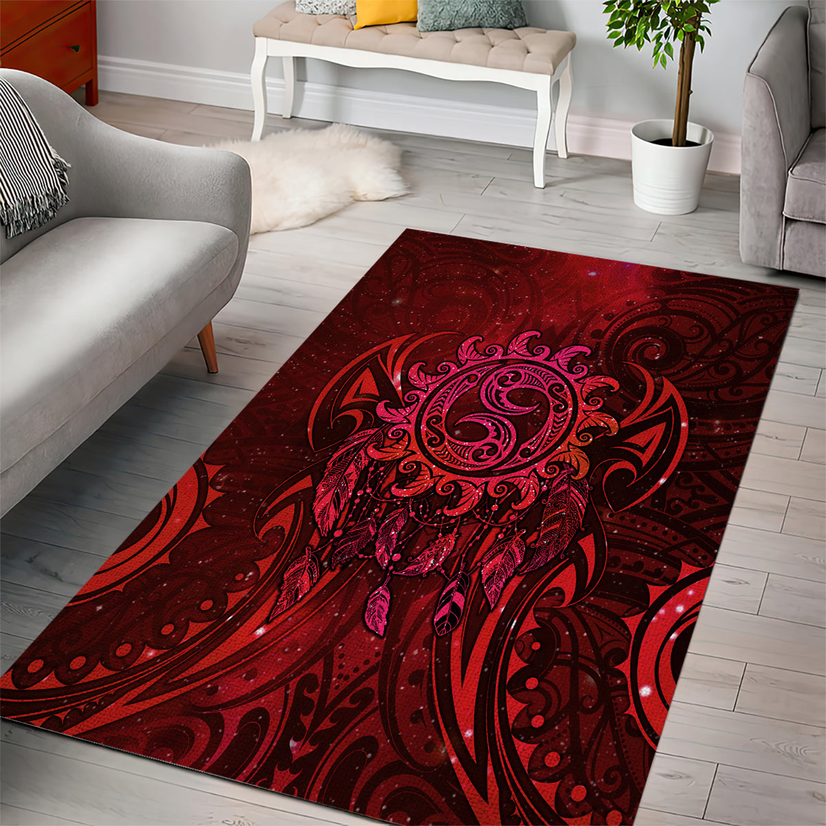 New Zealand Dream Catcher Area Rug Maori Koru Pattern Red Version