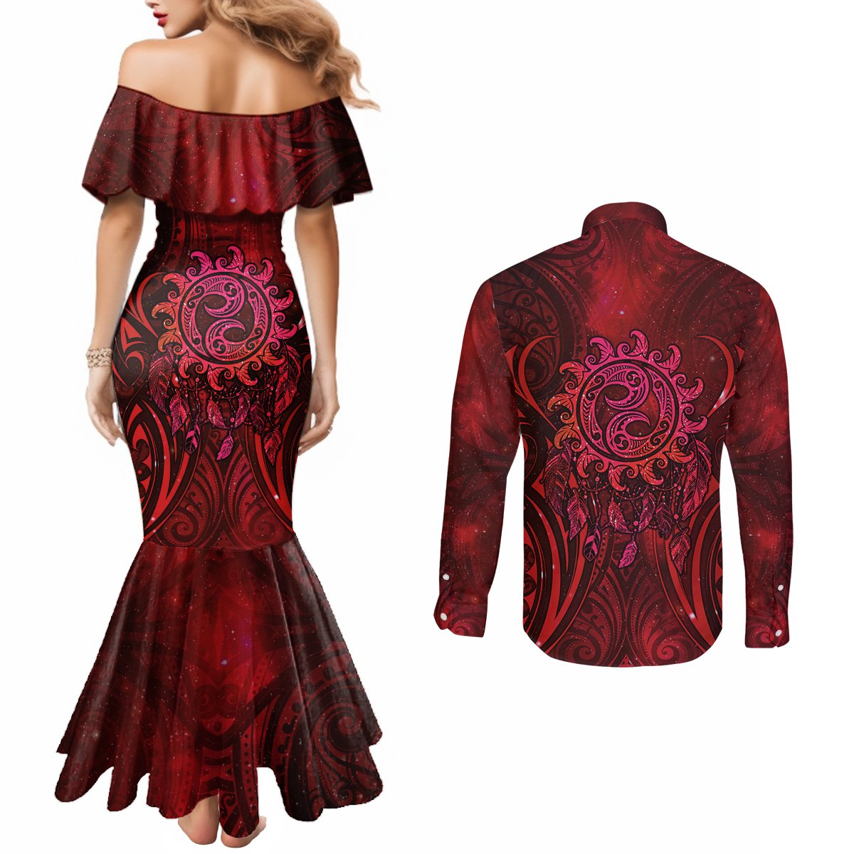New Zealand Dream Catcher Couples Matching Mermaid Dress and Long Sleeve Button Shirt Maori Koru Pattern Red Version