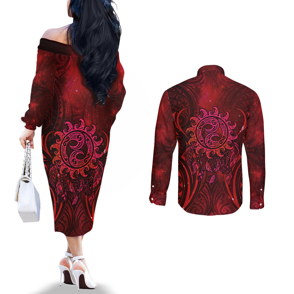 New Zealand Dream Catcher Couples Matching Off The Shoulder Long Sleeve Dress and Long Sleeve Button Shirt Maori Koru Pattern Red Version
