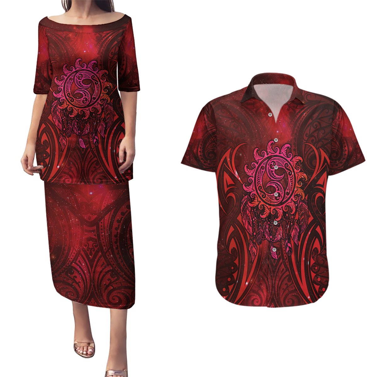 New Zealand Dream Catcher Couples Matching Puletasi and Hawaiian Shirt Maori Koru Pattern Red Version