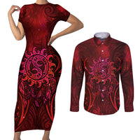 New Zealand Dream Catcher Couples Matching Short Sleeve Bodycon Dress and Long Sleeve Button Shirt Maori Koru Pattern Red Version