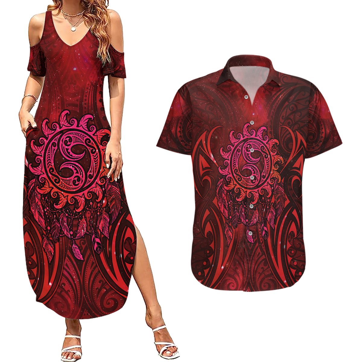 New Zealand Dream Catcher Couples Matching Summer Maxi Dress and Hawaiian Shirt Maori Koru Pattern Red Version