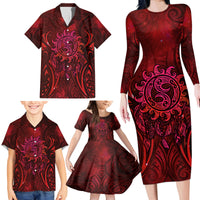 New Zealand Dream Catcher Family Matching Long Sleeve Bodycon Dress and Hawaiian Shirt Maori Koru Pattern Red Version LT05 - Polynesian Pride