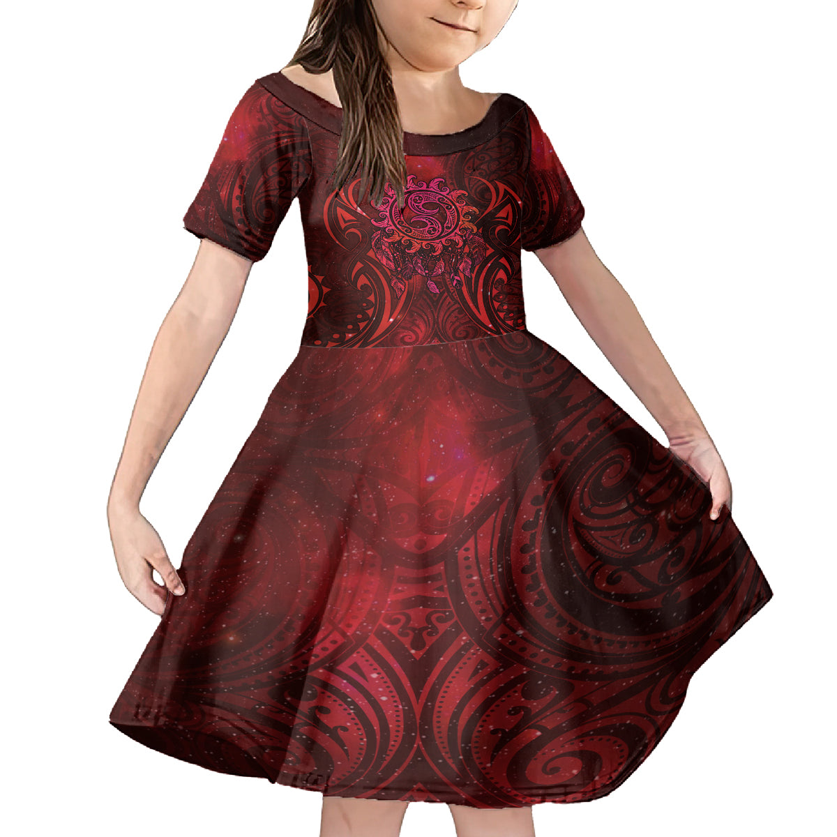 New Zealand Dream Catcher Family Matching Off Shoulder Short Dress and Hawaiian Shirt Maori Koru Pattern Red Version LT05 Daughter's Dress Red - Polynesian Pride