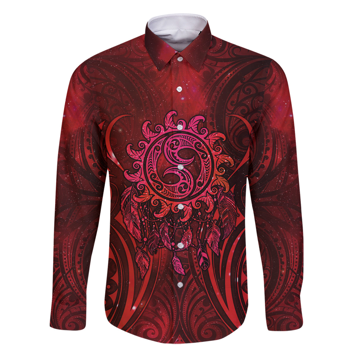 New Zealand Dream Catcher Family Matching Off Shoulder Short Dress and Hawaiian Shirt Maori Koru Pattern Red Version LT05 Dad's Shirt - Long Sleeve Red - Polynesian Pride