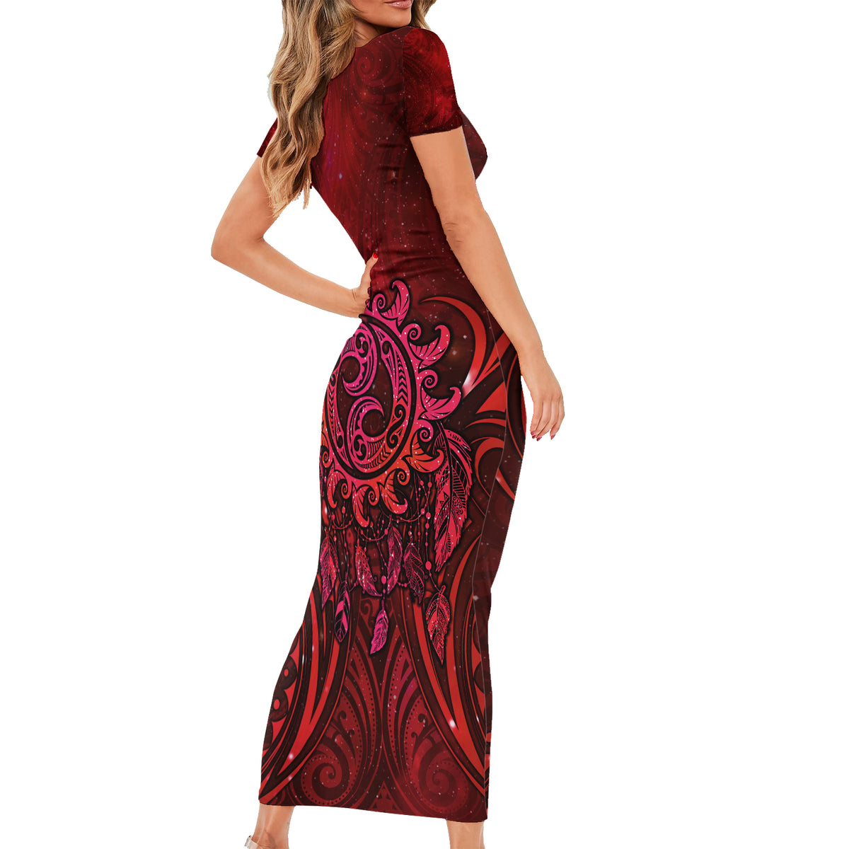 New Zealand Dream Catcher Family Matching Short Sleeve Bodycon Dress and Hawaiian Shirt Maori Koru Pattern Red Version LT05 - Polynesian Pride