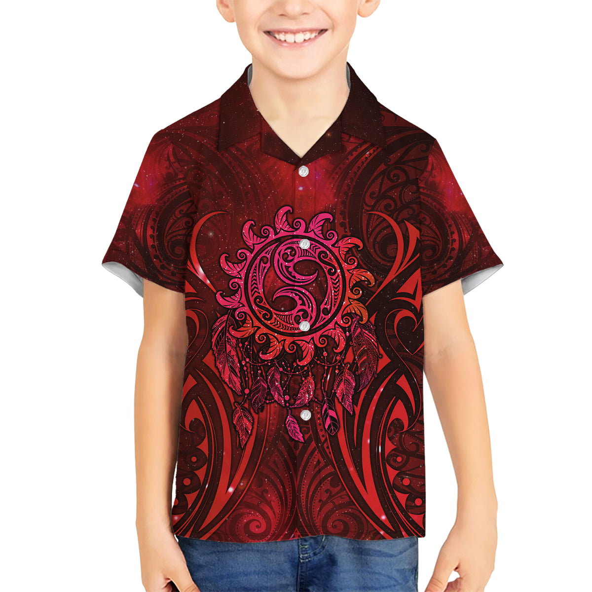 New Zealand Dream Catcher Family Matching Short Sleeve Bodycon Dress and Hawaiian Shirt Maori Koru Pattern Red Version LT05 Son's Shirt Red - Polynesian Pride