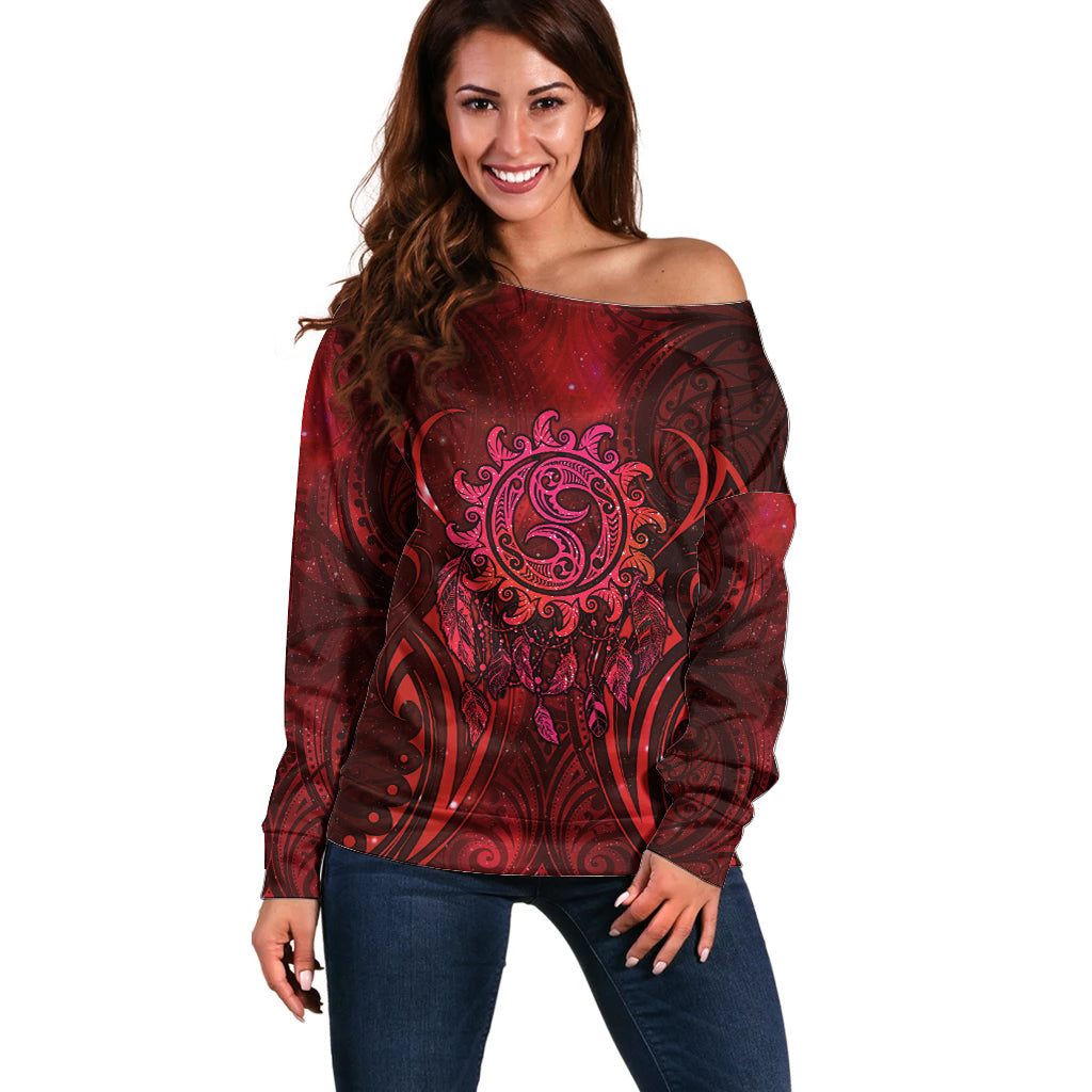New Zealand Dream Catcher Off Shoulder Sweater Maori Koru Pattern Red Version