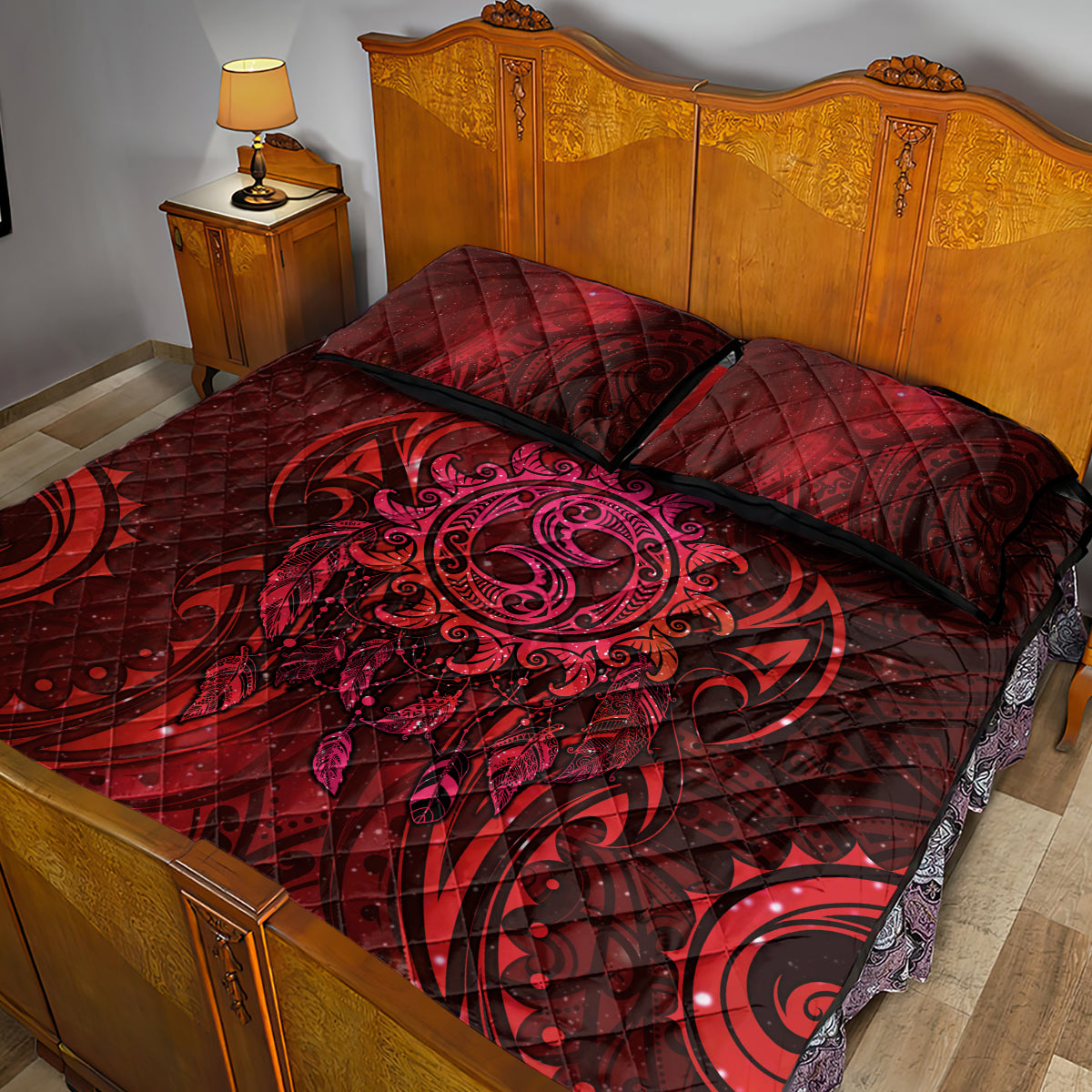 New Zealand Dream Catcher Quilt Bed Set Maori Koru Pattern Red Version
