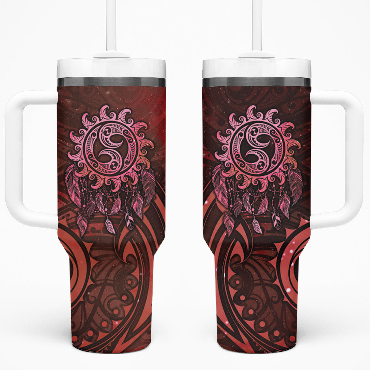 New Zealand Dream Catcher Tumbler With Handle Maori Koru Pattern Red Version