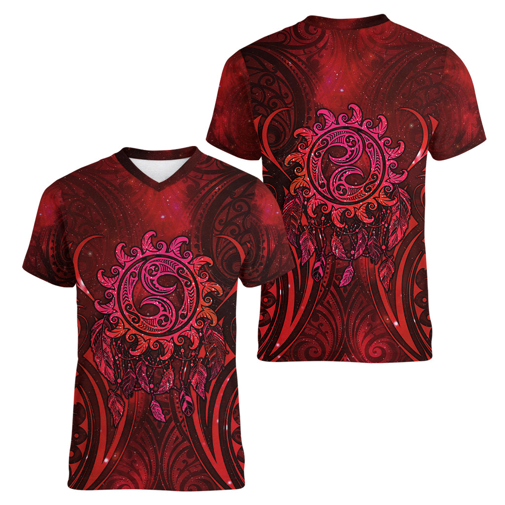 New Zealand Dream Catcher Women V-Neck T-Shirt Maori Koru Pattern Red Version