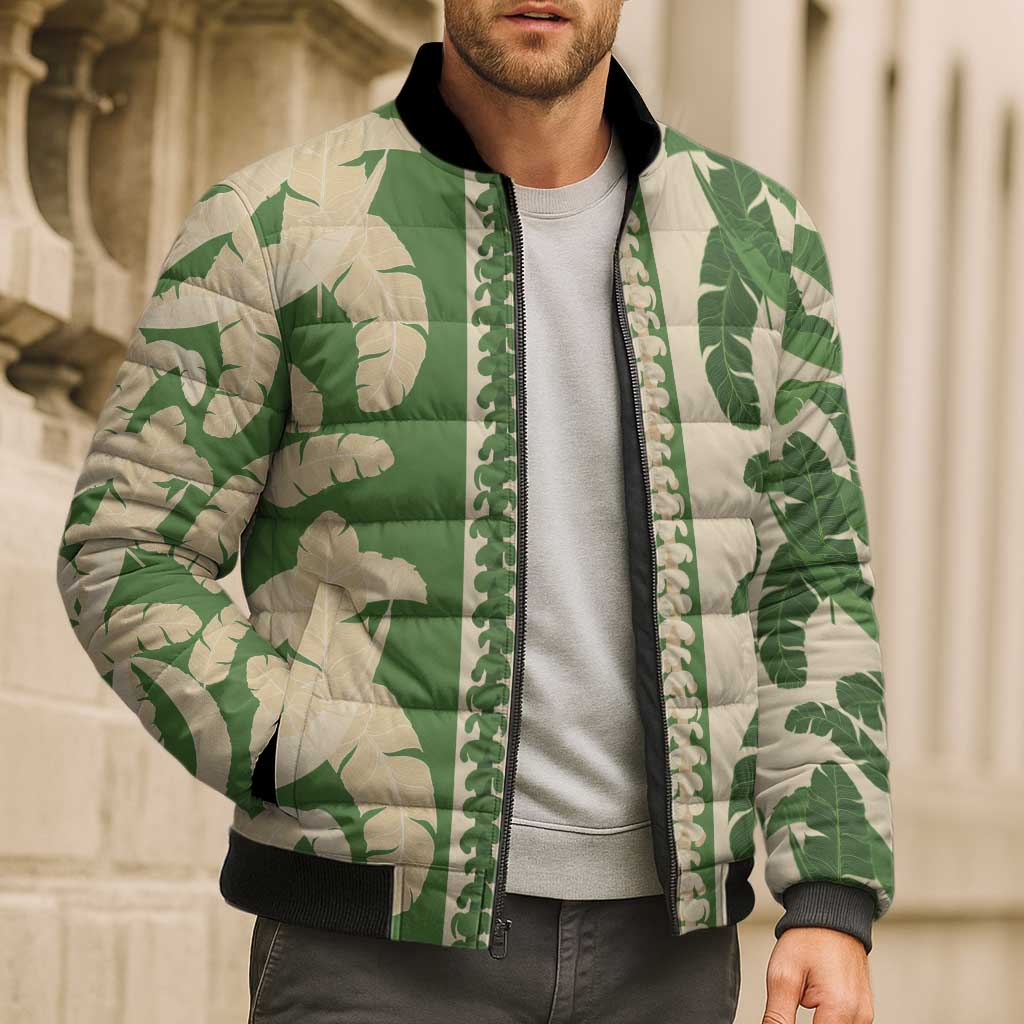 Hawaii Pua Kenikeni Lei Bomber Puffer Jacket With Lau Maia Green