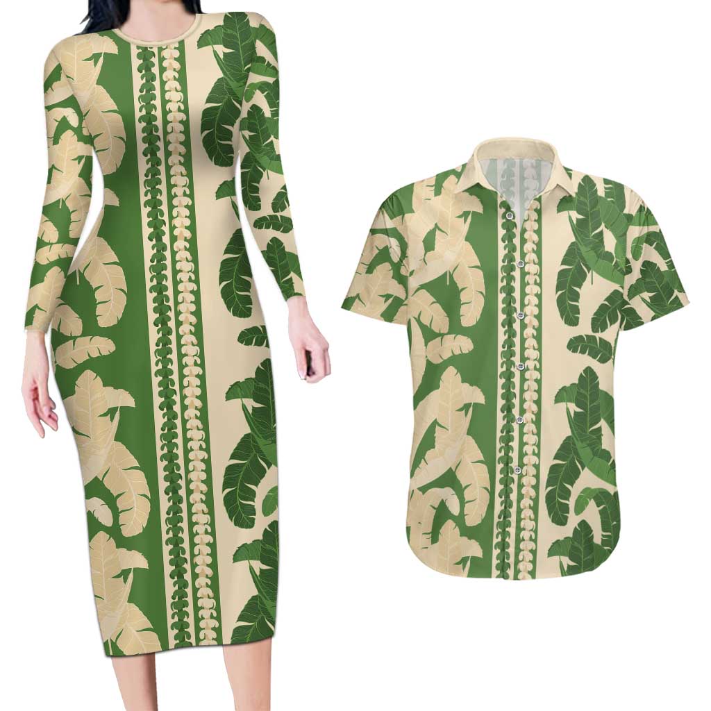 Hawaii Pua Kenikeni Lei Couples Matching Long Sleeve Bodycon Dress and Hawaiian Shirt With Lau Maia Green LT05 Green - Polynesian Pride