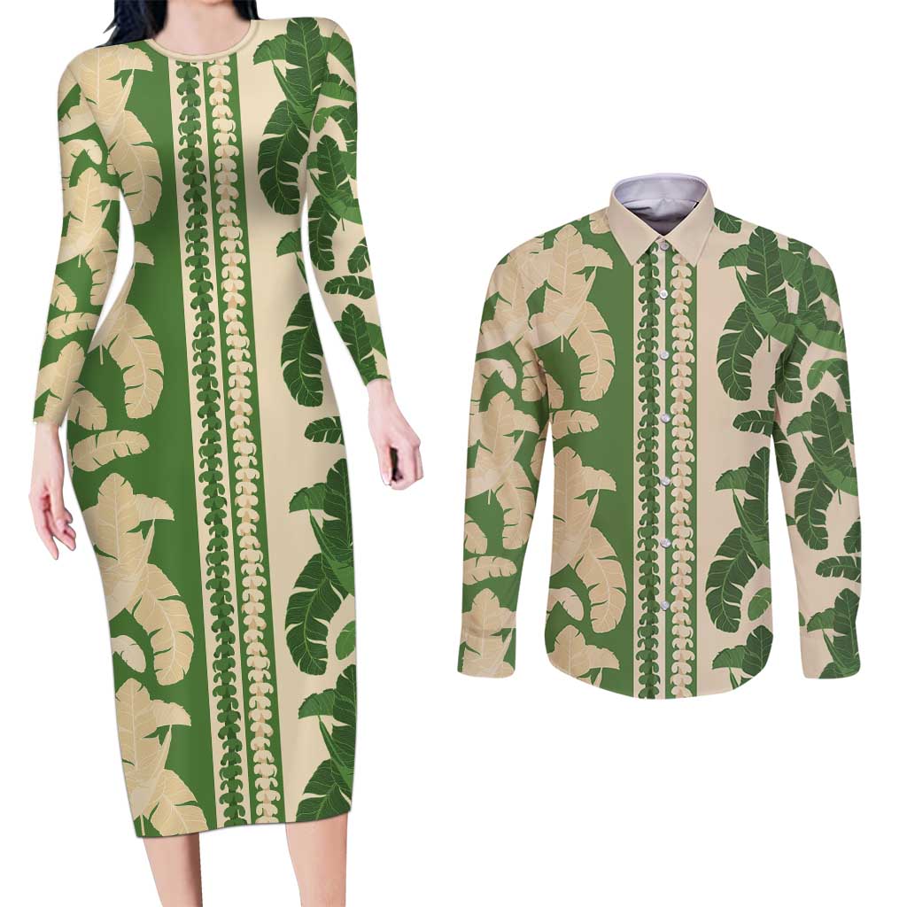 Hawaii Pua Kenikeni Lei Couples Matching Long Sleeve Bodycon Dress and Long Sleeve Button Shirt With Lau Maia Green LT05 Green - Polynesian Pride