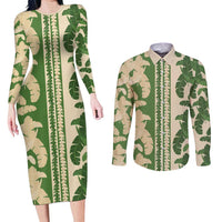 Hawaii Pua Kenikeni Lei Couples Matching Long Sleeve Bodycon Dress and Long Sleeve Button Shirt With Lau Maia Green LT05 Green - Polynesian Pride