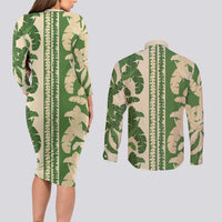 Hawaii Pua Kenikeni Lei Couples Matching Long Sleeve Bodycon Dress and Long Sleeve Button Shirt With Lau Maia Green LT05 - Polynesian Pride