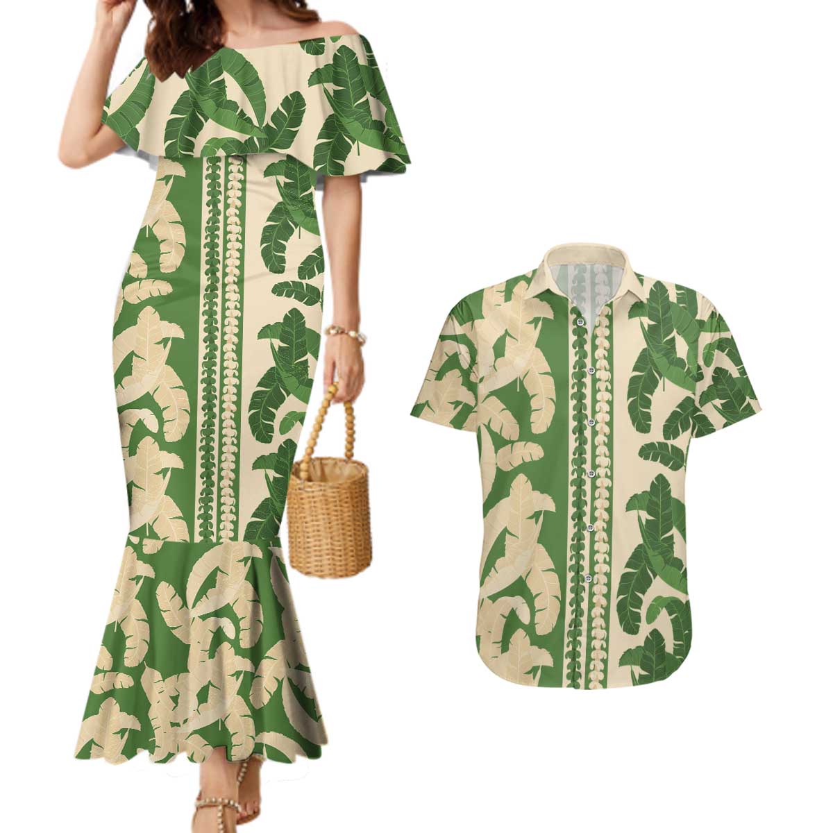 Hawaii Pua Kenikeni Lei Couples Matching Mermaid Dress and Hawaiian Shirt With Lau Maia Green LT05 Green - Polynesian Pride