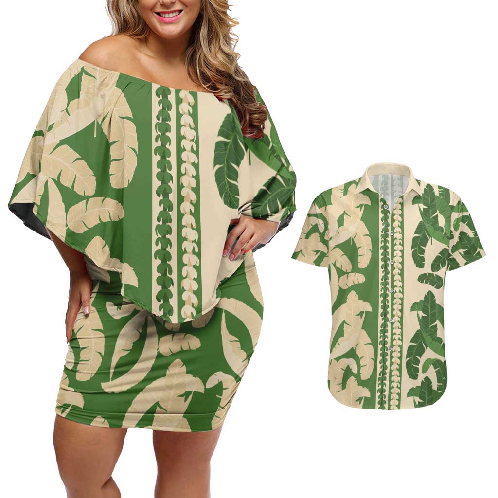 Hawaii Pua Kenikeni Lei Couples Matching Off Shoulder Short Dress and Hawaiian Shirt With Lau Maia Green LT05 Green - Polynesian Pride