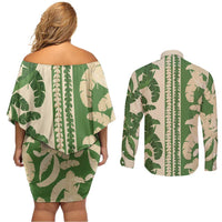Hawaii Pua Kenikeni Lei Couples Matching Off Shoulder Short Dress and Long Sleeve Button Shirt With Lau Maia Green