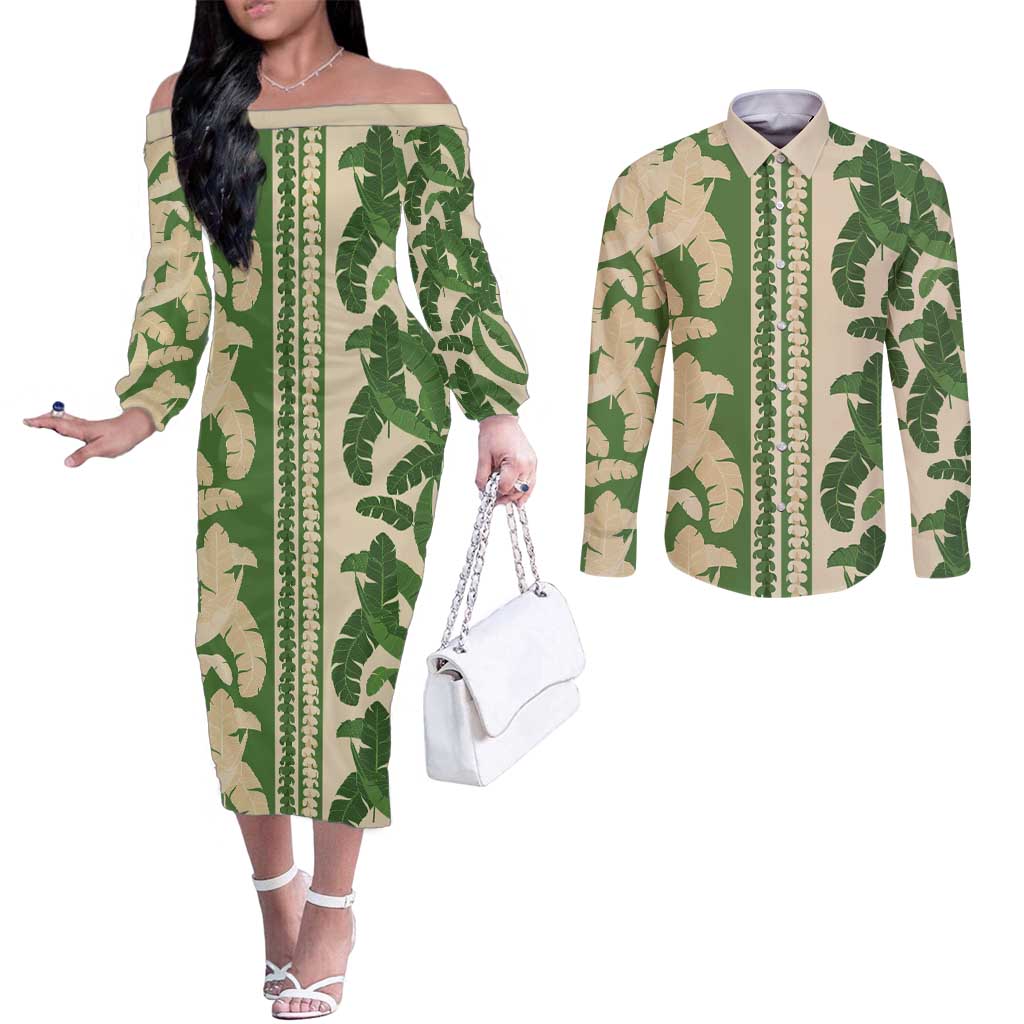Hawaii Pua Kenikeni Lei Couples Matching Off The Shoulder Long Sleeve Dress and Long Sleeve Button Shirt With Lau Maia Green LT05 Green - Polynesian Pride