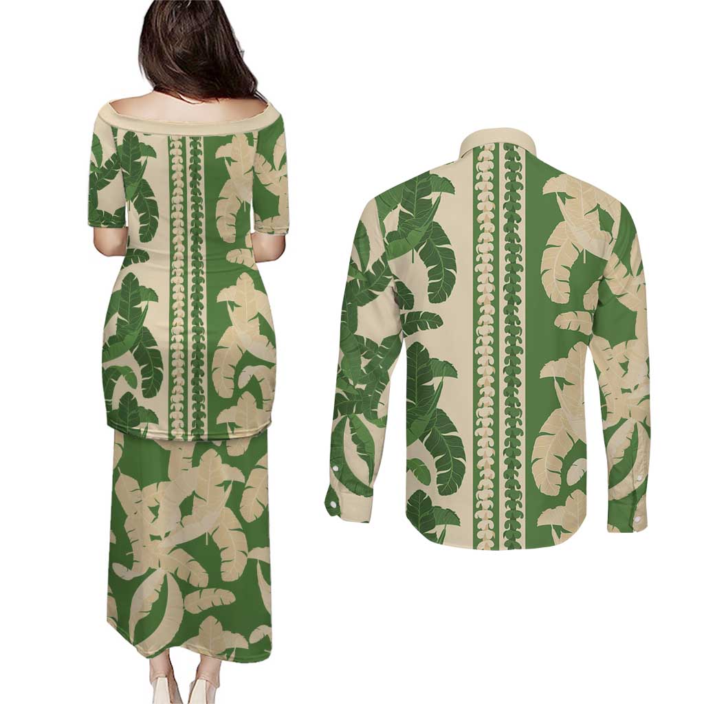 Hawaii Pua Kenikeni Lei Couples Matching Puletasi and Long Sleeve Button Shirt With Lau Maia Green